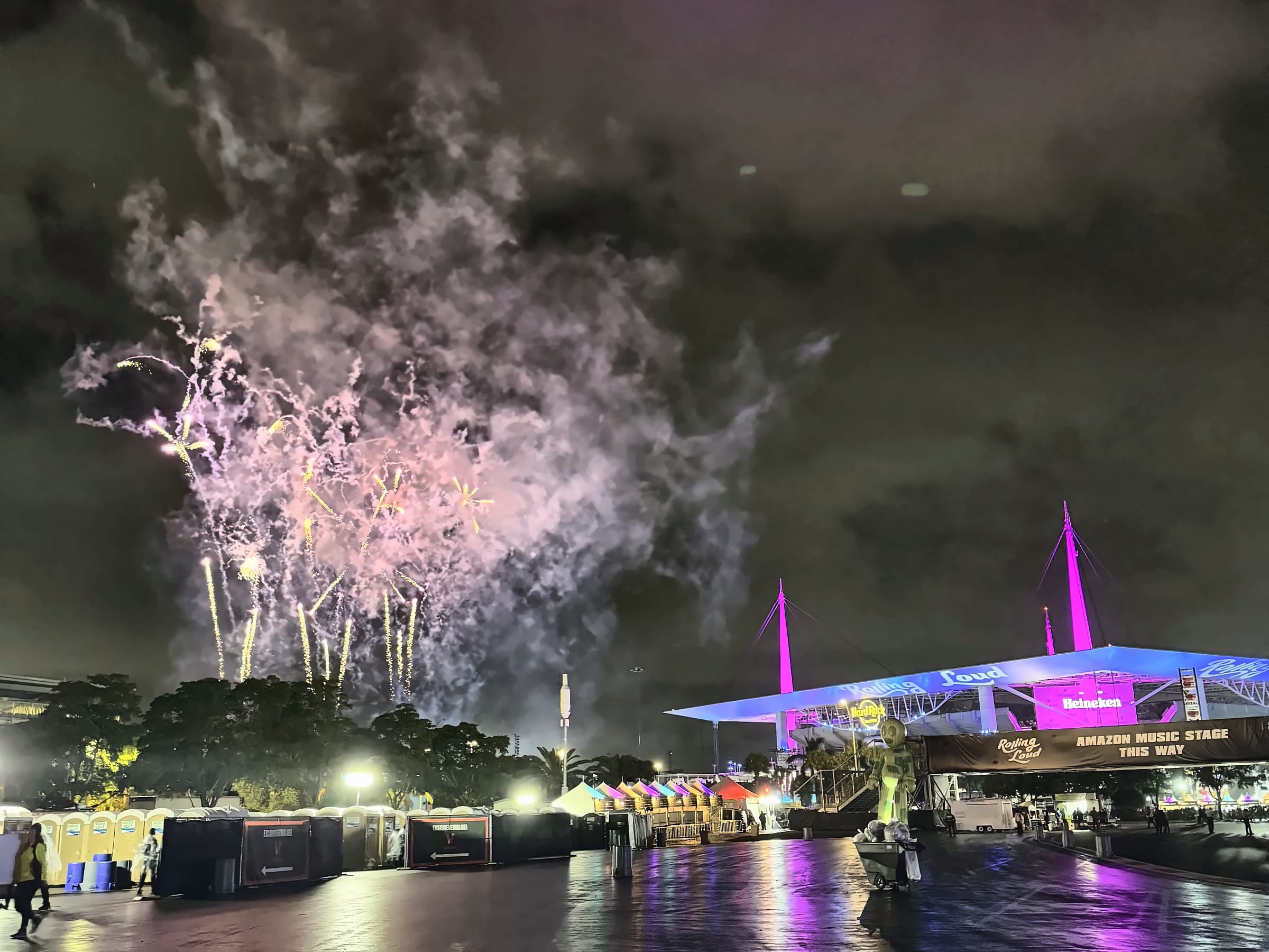 Festival stage with fireworks at night